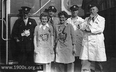 Bus drivers on London Transport buses, mid-20th century