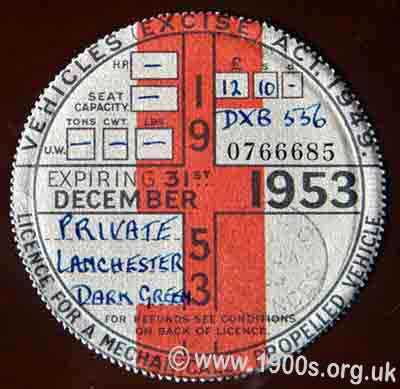 1953 British car-tax disc for a dark green Lanchester family car