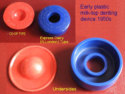 1950s plastic 'denter' gadgets for opening foil tops of milk bottles: Co-op type and United Dairies type, top sides and undersides