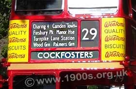 Display at the front of mid 1900s London buses showing destinations and route numbers