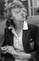 Uniform of Copthall County Grammar School, 1950s: striped summer dress worn with the school blazer, small image