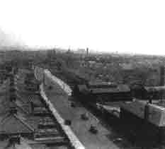 Looking East down Silver Street, Edmonton, about 1960, viewed from the top of St Aldhelm's church spire, thumbnail.