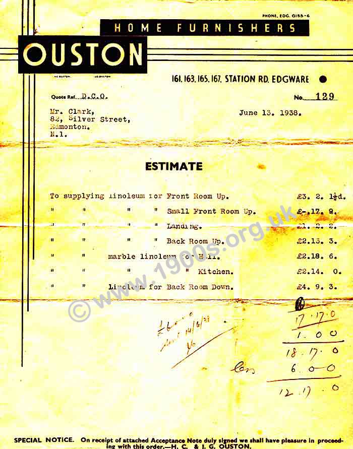 1938 document showing cost of lino flooring for a house