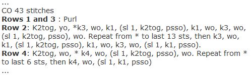 A section from a knitting pattern, showing the knitting 'shorthand' for various actions.