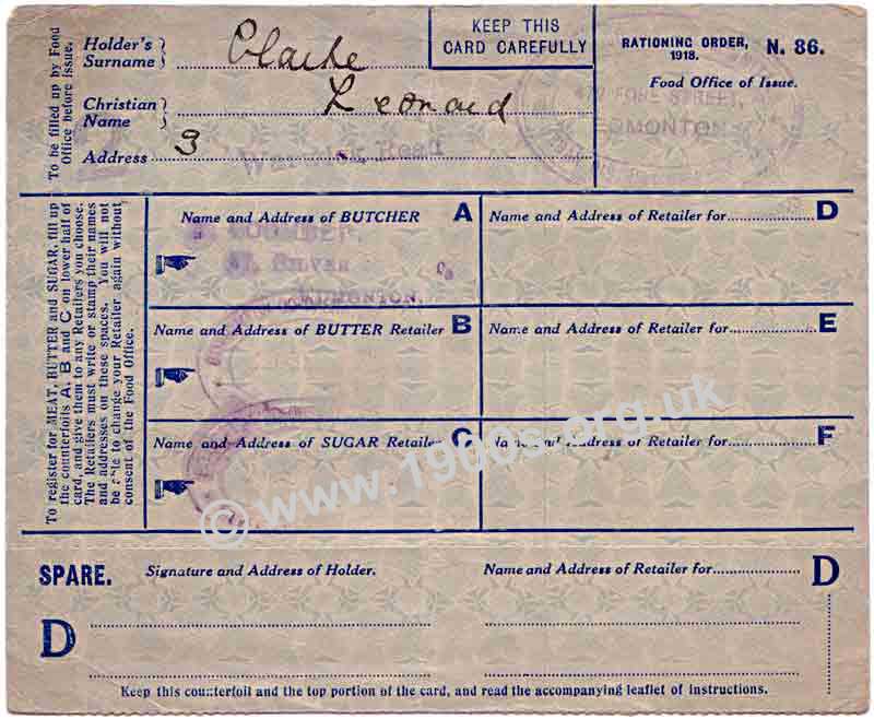 British WW1 food ration card, 1918